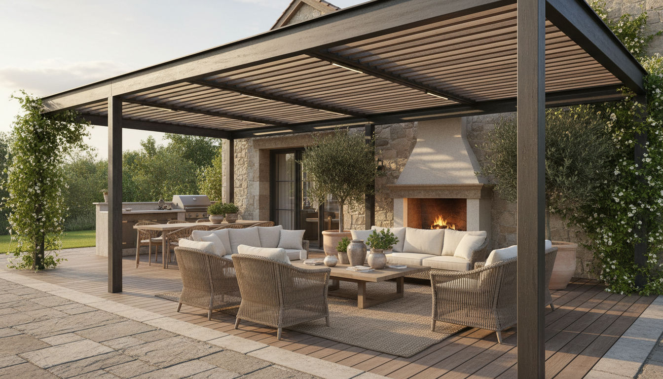 découvrez la pergola bioclimatique, l'aménagement idéal pour transformer votre terrasse en un espace de vie convivial, modulable et agréable toute l'année.