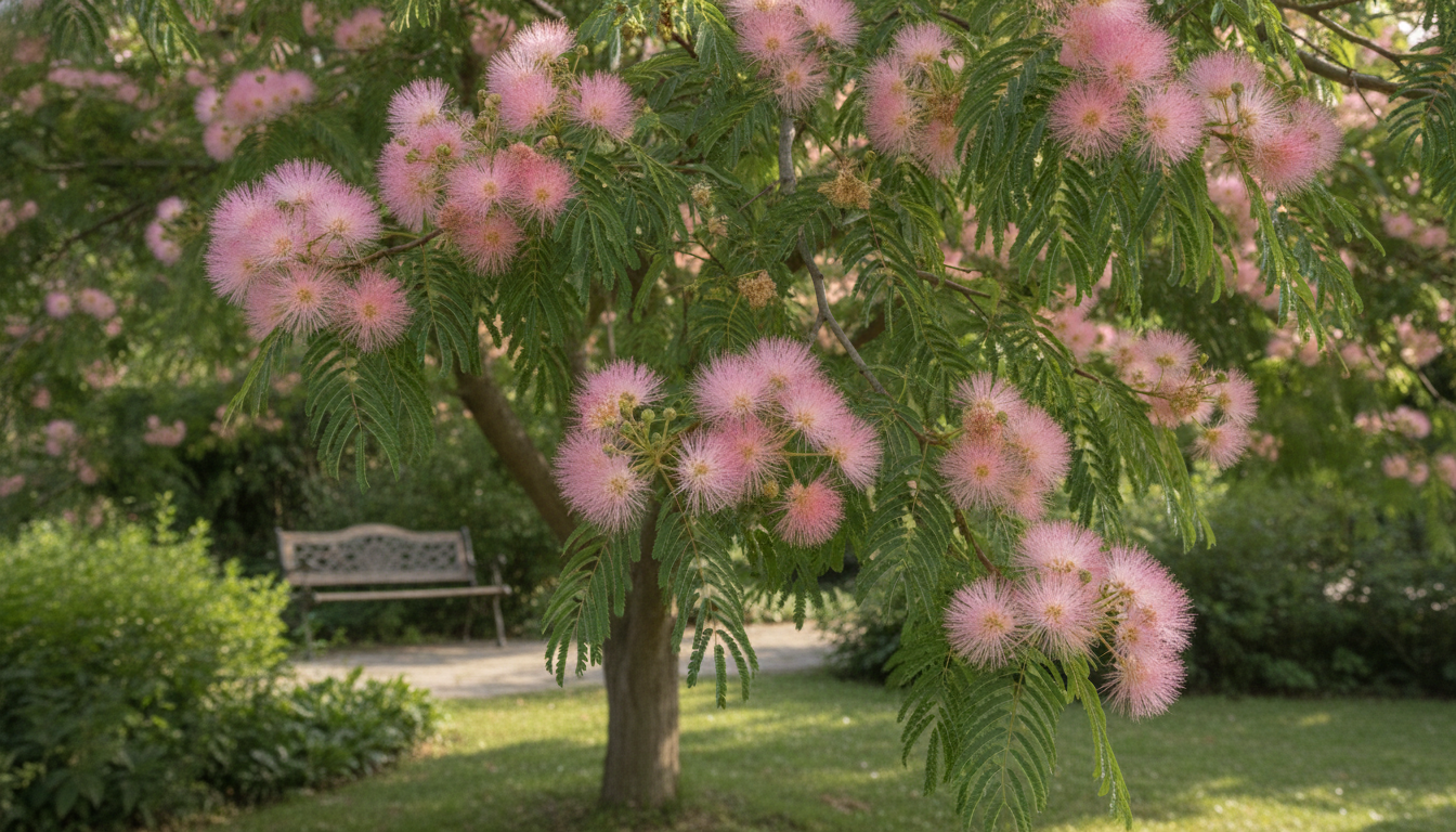 découvrez l'albizia julibrissin en fleurs, un arbre majestueux offrant un spectacle enchanteur de juin à septembre avec ses fleurs délicates et parfumées.
