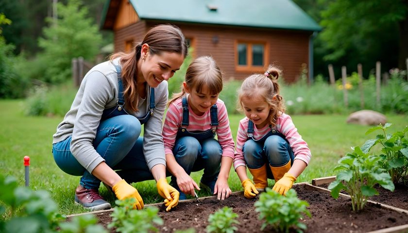 une maman et ses deux filles dans un potager